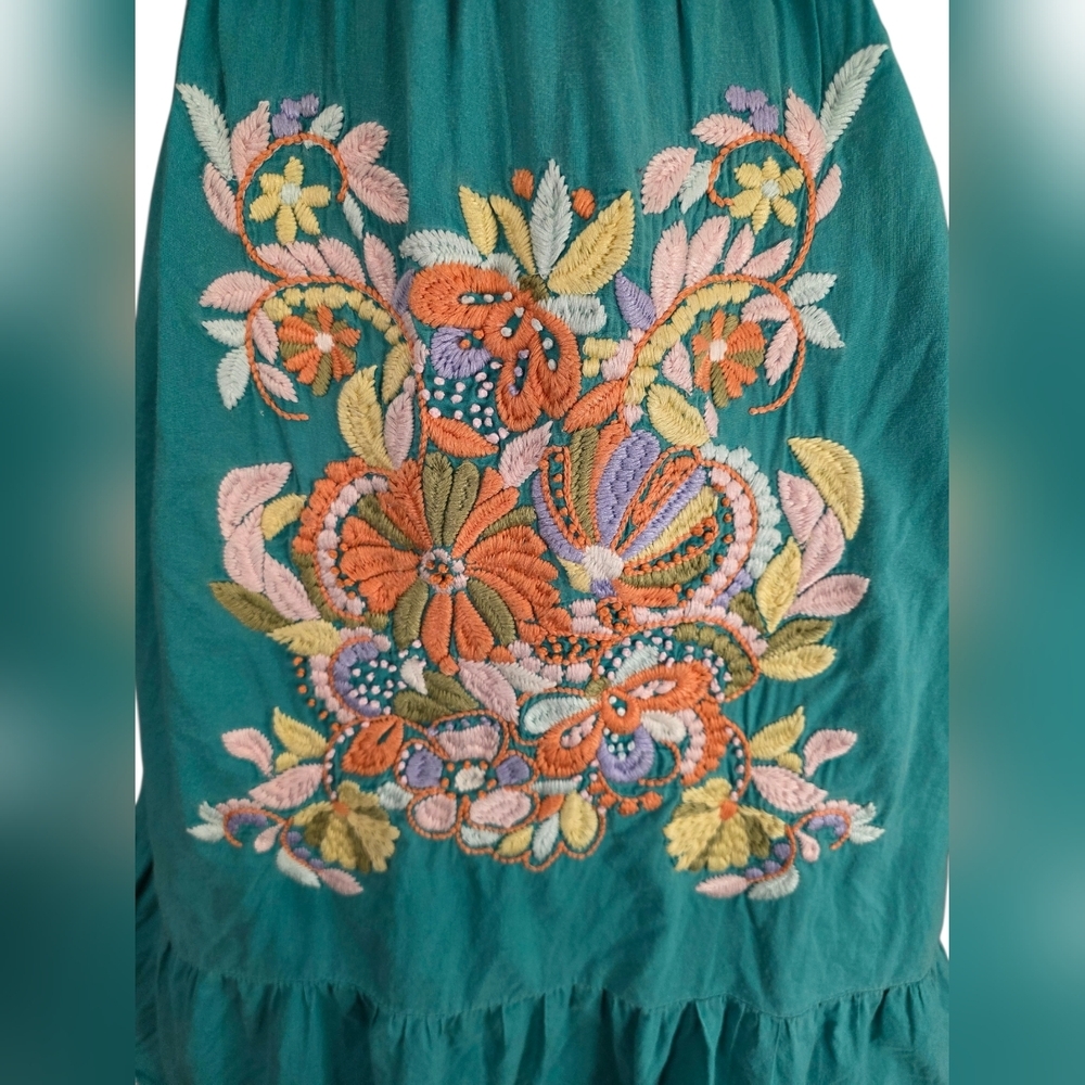 Miss Me Strapless Embroidered Lined Mini Dress Teal Cotton Small Boho Festival - Picture 5 of 9
